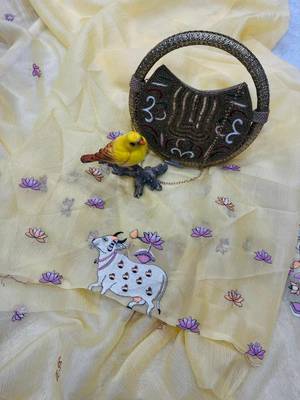 Yellow Color Thread And Embroidery work Silk Saree 3