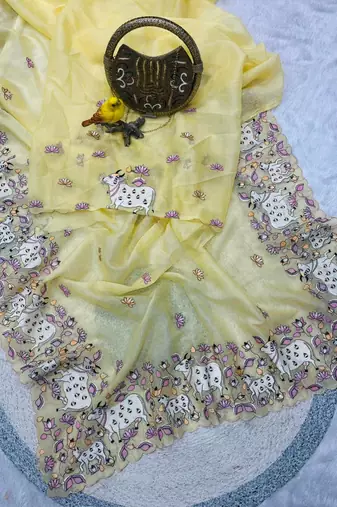 yellow silk blend saree with floral thread embroidery