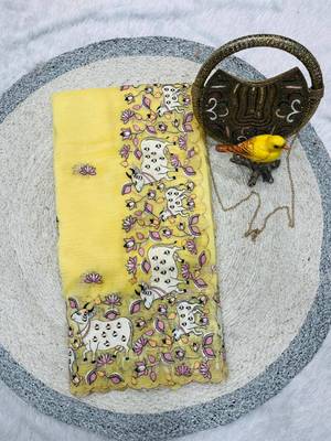 Yellow Color Thread And Embroidery work Silk Saree 5