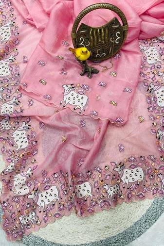 Pink Color Thread And Embroidery work Silk Saree