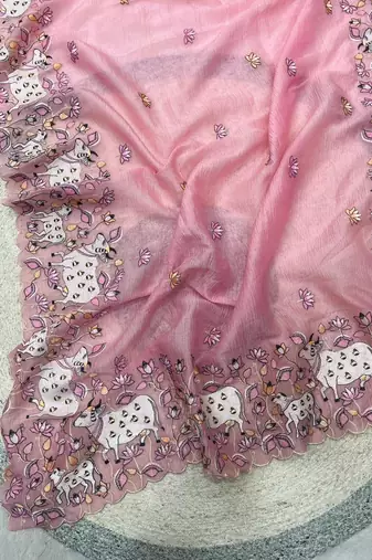 pink silk blend saree with embroidered floral thread