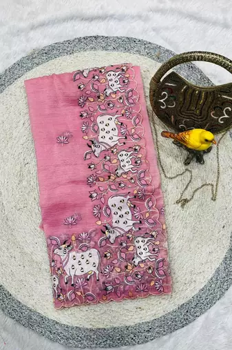 pink silk blend saree with embroidered floral thread