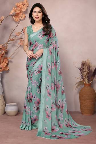Satin Patta Saree With Beautiful Digital Print in Moss Silk With Blouse