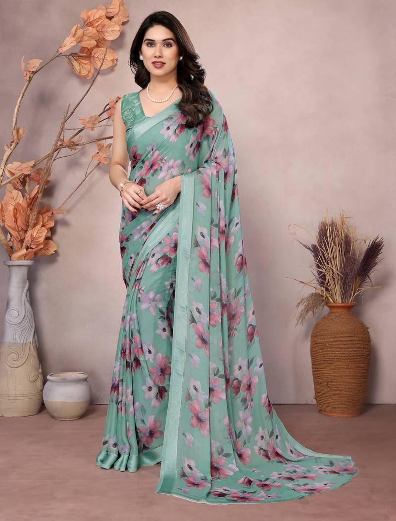 Satin Patta Saree With Beautiful Digital Print in Moss Silk With Blouse