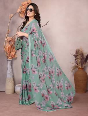 sea green georgette saree with digital print design 2
