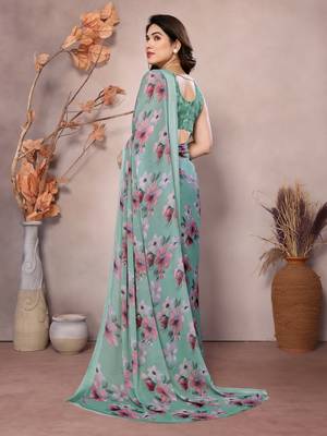 sea green georgette saree with digital print design 3