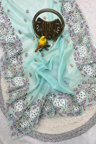 Sky Blue Color Thread And Embroidery work Silk Saree