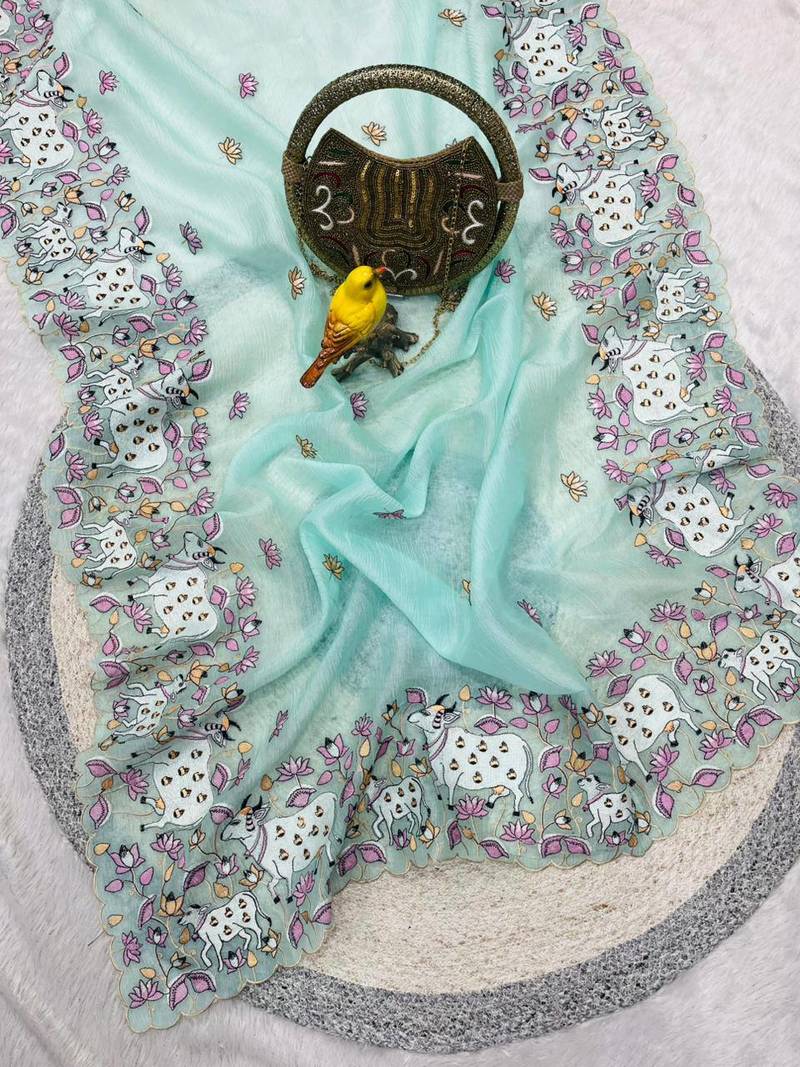 Sky Blue Color Thread And Embroidery work Silk Saree