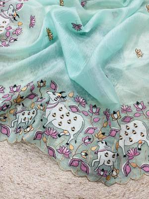 sky blue silk saree with thread floral cutwork border 4