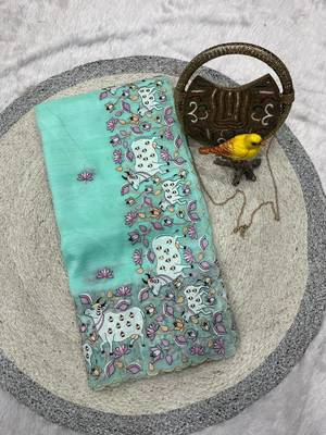 sky blue silk saree with thread floral cutwork border 5