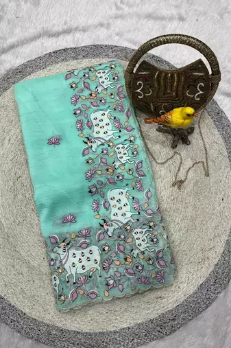 sky blue silk saree with thread floral cutwork border