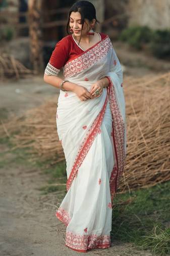 Red and white cotton saree with blouse 
