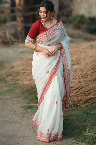 Red and white cotton saree with blouse 