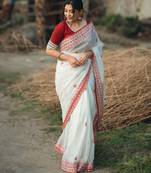 Red and white cotton saree with blouse 