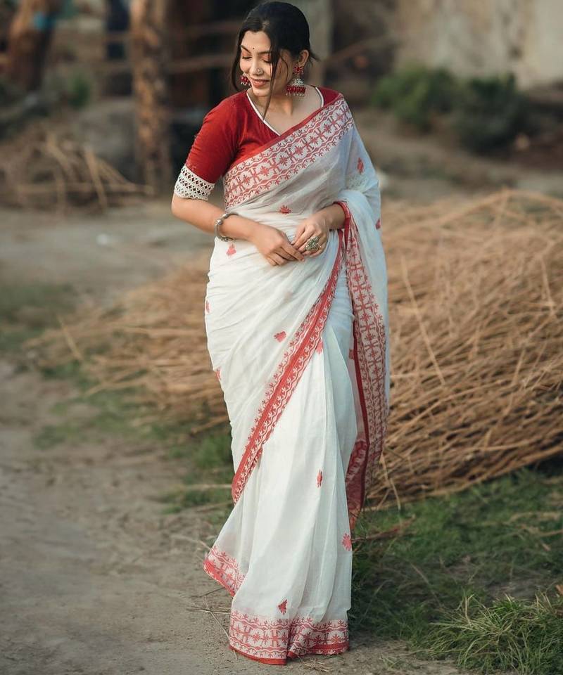 Red and white cotton saree with blouse 
