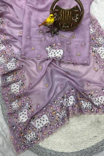 Lavender Color Thread And Embroidery work Silk Saree