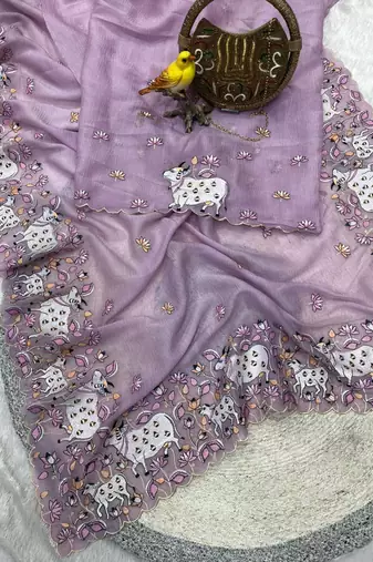 Lavender Color Thread And Embroidery work Silk Saree