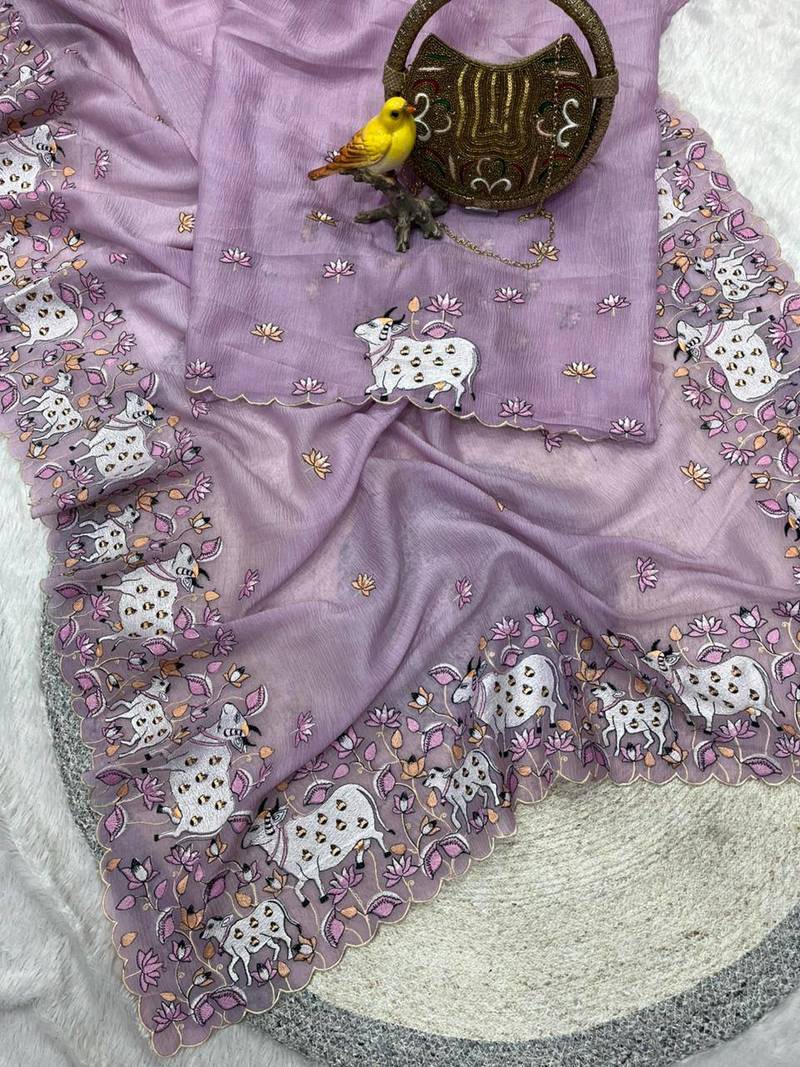 Lavender Color Thread And Embroidery work Silk Saree