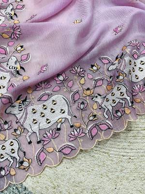 Lavender Color Thread And Embroidery work Silk Saree 3