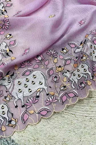 lavender silk saree with thread floral cutwork border