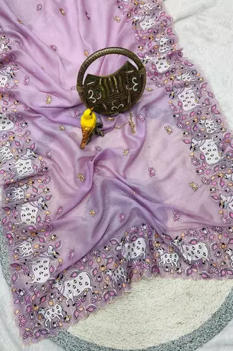 lavender silk saree with thread floral cutwork border