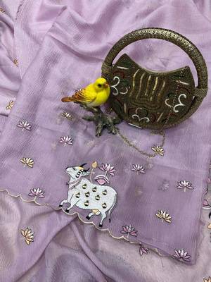 Lavender Color Thread And Embroidery work Silk Saree 5