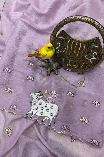 lavender silk saree with thread floral cutwork border