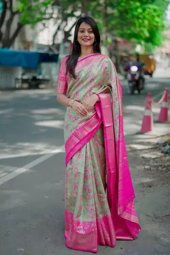 mint green floral, zari woven faux kanjivaram saree with blouse