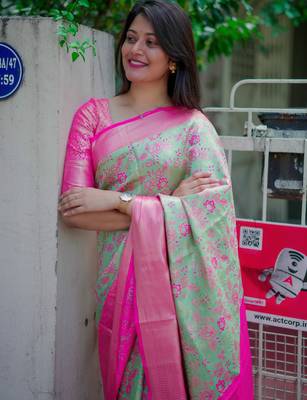 mint green floral, zari woven faux kanjivaram saree with blouse 2