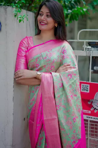 mint green floral, zari woven faux kanjivaram saree with blouse