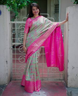 mint green floral, zari woven faux kanjivaram saree with blouse 3