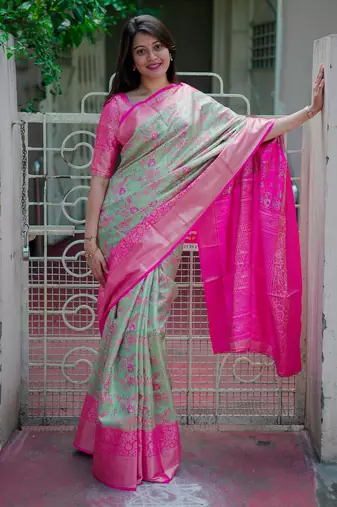 mint green floral, zari woven faux kanjivaram saree with blouse