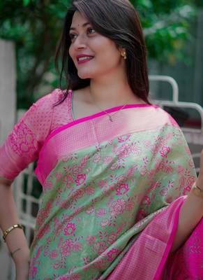 mint green floral, zari woven faux kanjivaram saree with blouse 4