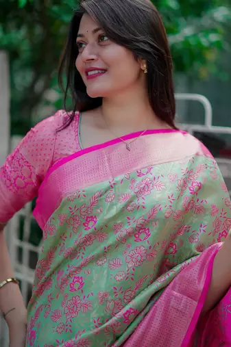 mint green floral, zari woven faux kanjivaram saree with blouse