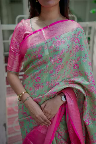 mint green floral, zari woven faux kanjivaram saree with blouse