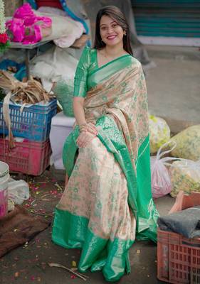 peach floral, zari woven faux kanjivaram saree with blouse 2