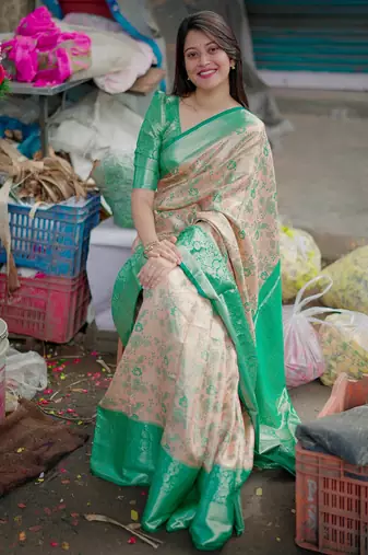 peach floral, zari woven faux kanjivaram saree with blouse