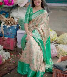 peach floral, zari woven faux kanjivaram saree with blouse