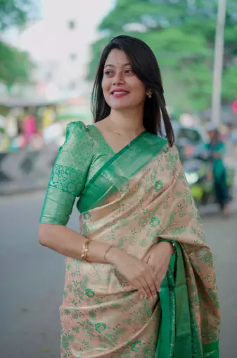 peach floral, zari woven faux kanjivaram saree with blouse