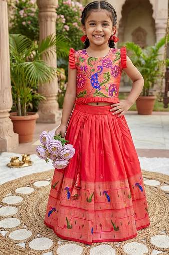 Designer red soft silk paithani design lehenga choli for girls-party & ethnic wear