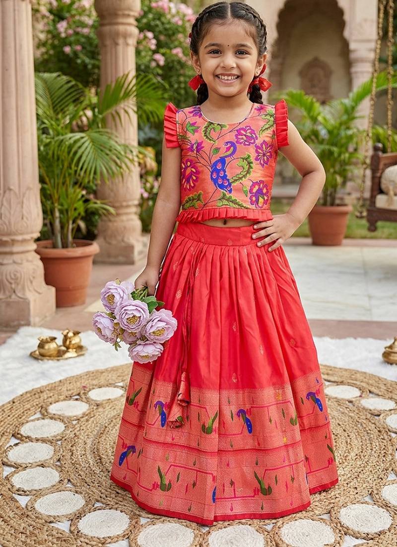 Designer red soft silk paithani design lehenga choli for girls-party & ethnic wear