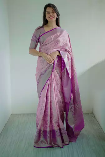 pink floral, zari woven faux kanjivaram saree with blouse