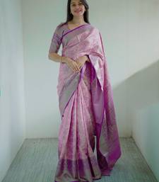pink floral, zari woven faux kanjivaram saree with blouse