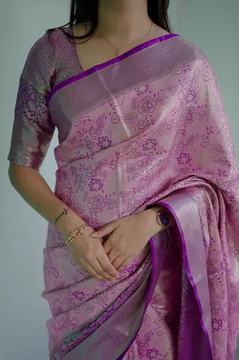 pink floral, zari woven faux kanjivaram saree with blouse