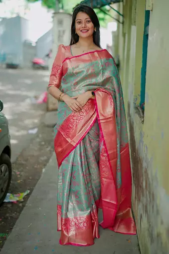 sea green floral, zari woven faux kanjivaram saree with blouse