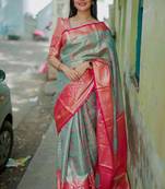 sea green floral, zari woven faux kanjivaram saree with blouse