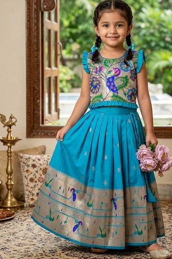 Designer firozi soft silk paithani design lehenga choli for girls-party & ethnic wear