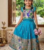 Designer firozi soft silk paithani design lehenga choli for girls-party & ethnic wear