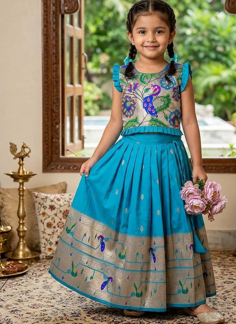 Designer firozi soft silk paithani design lehenga choli for girls-party & ethnic wear