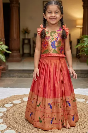 Designer coral soft silk paithani design lehenga choli for girls-party & ethnic wear